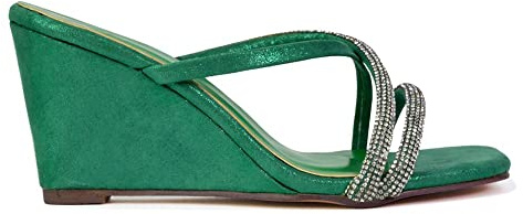 Womens Sparkly Diamante Green Sandals Ladies Square Toe Low Wedge Heel Strappy Mules Size 5