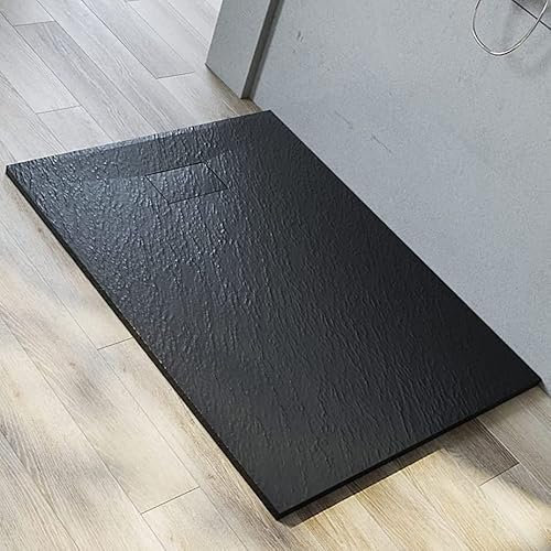 SMC Plato de ducha de 160 x 90 cm, Negro con sifón, plano, estructura antideslizante, incluye desagüe Ø 90 mm, plato de ducha plano, diseño especial para un desagüe oculto
