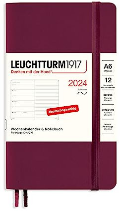LEUCHTTURM1917 367795 Wochenkalender & Notizbuch Pocket (A6) 2024, Softcover, Port Red, Deutsch, 12 Monate