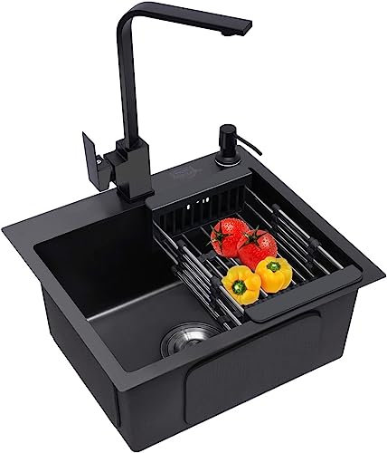 Évier de cuisine en acier inoxydable avec robinet, 40 x 45 cm, encastrable, en granit, avec panier à tamis pliable et distributeur de savon, avec siphon d'écoulement et de trop-plein (avec robinet)