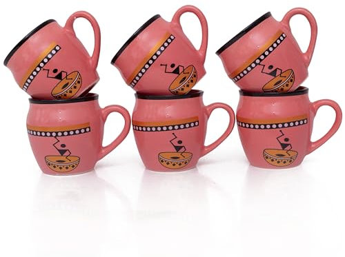 Lot de 6 tasses traditionnelles faites à la main Kulhar Kulhad Chai Thé Café Cantaritos en faïence émaillée Finition brillante Argile Terre cuite Artisanat Studio Poterie Mud Marron Qualité