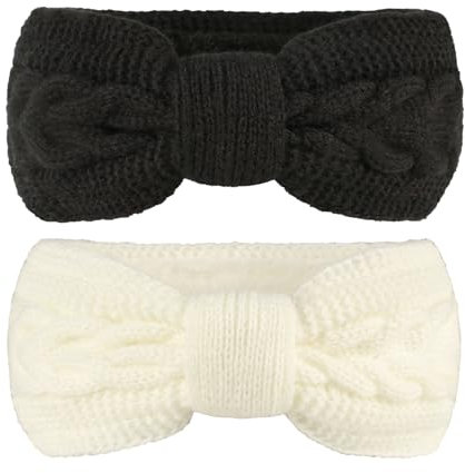 2PCS Women Fleece Lined Headbands Ear Warmers Knitted Thermal Hairband Elastic Winter Warm Cable Knit Hair Wrap (Black+White)
