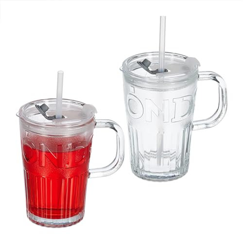 Relaxdays Trinkgläser 2er Set, Getränkebecher mit Deckel & Strohhalm, Limobecher 450 ml, Glasbecher Henkel, transparent