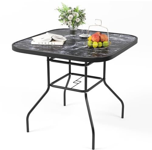 The Fellie Garden Table 80cm Patio Table with Parasol Hole Marble Grain Tempered Glass Top Square Outdoor Dining Tables Round Bistro Tables