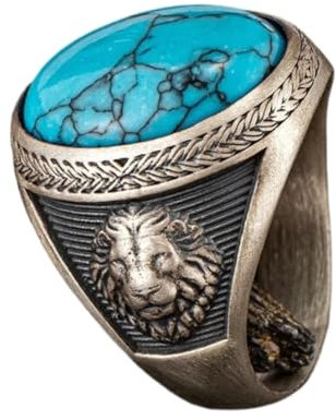 BISONBLUE Ringe Herren Ring Damen Männer Rings Geschenk Handgravierter Vintage-Löwen-Herrenring mit grünem Stein, Ring 7, Silber
