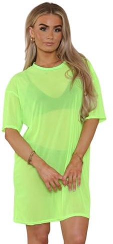 STAR FASHION PJ Mesh Top for Womens Longline Mesh T-Shirt Ladies Plain See Through Sheer Short Sleeve Tunic PJ Dress Neon Green 8-16 Regular