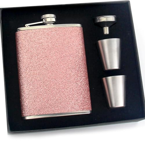 Eiarrnp Glitter Bling Pink Flasks for Liquor for Women - 8oz Stainless Steel Leak Proof Flasks, Hip Flask Gift Set Box with Funnel and 2 Wineglass, Girls Pocket Flask Set for Vodka Whisky