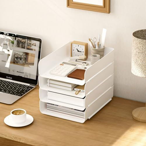Easyhomie Vierstufige Ablagekorb A4, Multifunktionale Briefablage & Dokumentenablage aus PET Kunststoff, Stapelbare Büro Organizer