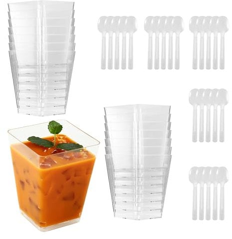 50 Piezas Vasitos Aperitivos Plastico con Cucharas,5oz/160ml Vasos para postres,reutilizable Cuencos de Postre Plástico,Tazas de postre para postres, helados, pudines, mousse y reuniones familiares