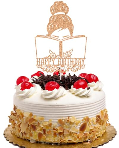 QXQXBA Kuchendekoration für Mädchen, Motiv: Happy Birthday, Buchclub, Geburtstag, Party, Buchliebhaber, Kuchendekorationen für Studenten, Mädchen, Roségold, Glitzer