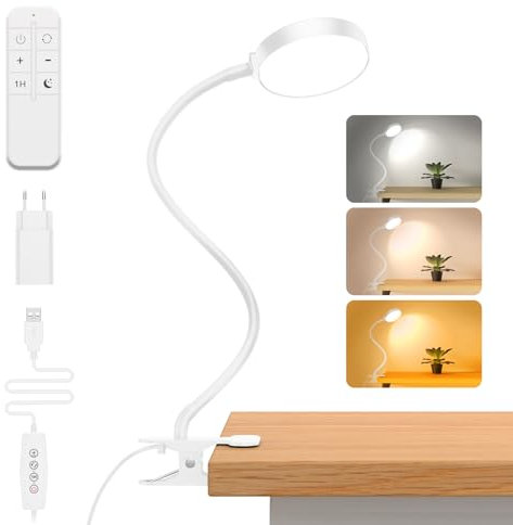 iFalarila 61 LED Lampe de Bureau avec Veilleuse Lampe à Pince avec Minuterie 1 Heure et Chargeur USB, Lampe de Lecture avec Télécommande 5M pour Livre/Travail/Lit/Table