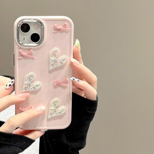 Custodia Fiocco e Cuori 3D Rosa Compatibile con iPhone 13 Pro - Cover in TPU con Cornice Elettrolitica