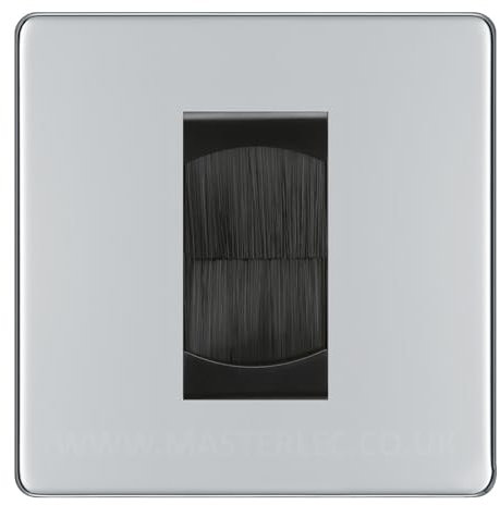 BG Screwless Polished Chrome Single 1 Gang Brush Cable Entry Wall Plate Black Insert Square