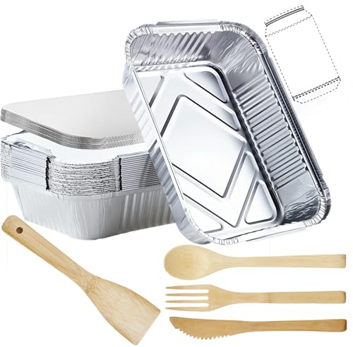 Wuhonghao Aluschalen mit Deckel 20 Stück1900ML,26×19×6cm Grillschalen Aluminium Einweg,Grill Alu Tropfschalen Groß,Einwegschalen für Gasgrill und Reisebesteck Bambus 4er-Set,Auflaufform Take Away Box