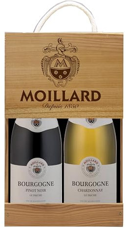 Moillard - Geschenkset Chardonnay und Pinot Noir, Rot- und Weißweine aus Burgund in Holzkiste (2 x 0,75L)
