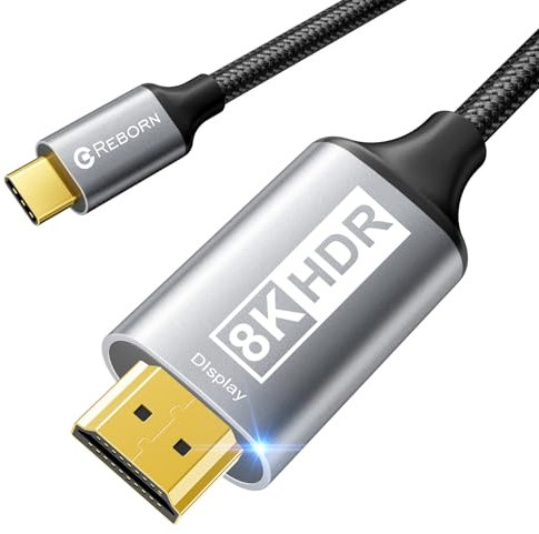 Reborn USB C to HDMI 2.1 Cable [8K@60Hz,4K@144Hz,2K@240Hz] 6FT Aluminum Type C to HDMI 8K Cord Support 48Gbps/HDCP2.3/HDR [Thunderbolt 3/4 Compatible] for MacBook, iPad Pro, XPS,S22,iPhone 15 Series