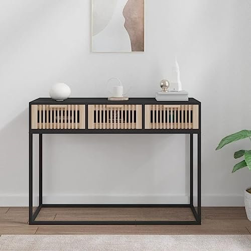 Gecheer Table Console Noir 105x30x75 cm Bois d'ingénierie et Fer, Meuble d’entrée avec 3 Tiroirs, Table de Bout de Canapé pour Salon, Entrée, Couloir ou Salle à Manger