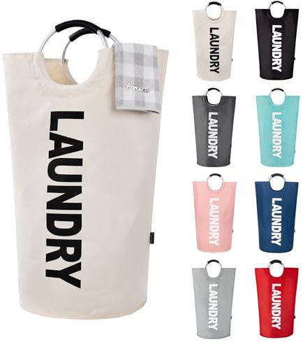 Caroeas 90L Panier à Linge Grande Capacité, Sac à Linge Pliable avec Poignées Rembourrées, Corbeilles à linge,Idéal pour le Rangement et le Transport des Vêtements,Beige
