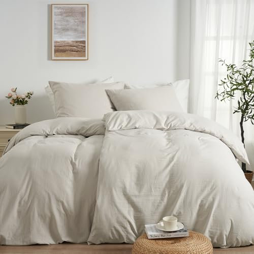 Duvetnova biancheria da letto 135x200 cm effetto lino, 4 pezzi estivo, microfibra morbidissima prelavata effetto cotone, OEKO‑TEX – 2 copripiumini 135×200 + 2 federe 80×80 con cerniera, beige