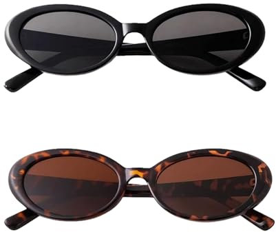 Asitanie 2 Stück Ovale Sonnenbrille Damen,90er Jahre Retro Sonnenbrille,Schmal Stilvoll und Lustig Cat Eye Sonnenbrillen Damen,UV400 Schutz Geeignet für Männer und Frauen