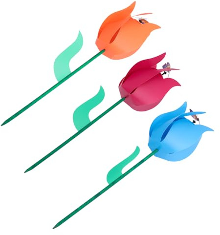 FONDOTIN 3 Stück Tulpen Windmühlen Bunte Gartendeko Windspinner Terrasse Rasendekoration Windspiel mit Automatischer Rotation Zufällige Farbe