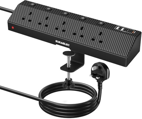 SURAIELEC Desk Power Socket with USB C, 5 Way Desk Extension Lead with Clamp and Individual Switches, 2M Desktop Power Strip with Surge Protection for Home and Office