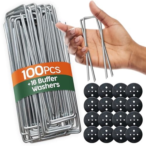 PORTENTUM Grapas Césped Artificial 100 Uds + 16 Arandelas – Piquetas Camping Suelo Duro, Estacas para Tomateras, Piquetas Camping, Grapas Malla Antihierbas y Césped Artificial