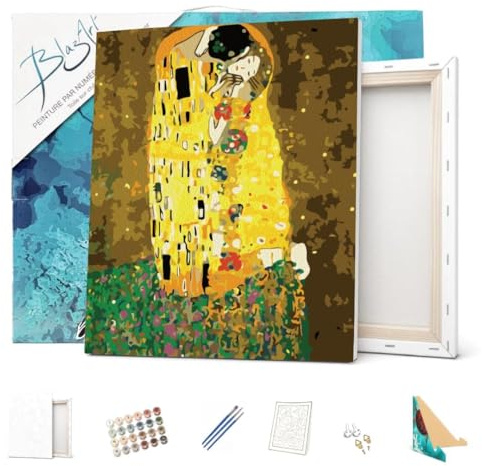 BlazArt Peinture par numéro Adulte avec Cadre 40x50 cm débutants | Kit complet prêt à l’emploi et à accrocher | DIY anti-stress | Marque française peinture numero - Oeuvres (Gustav Klimt Le Baiser)
