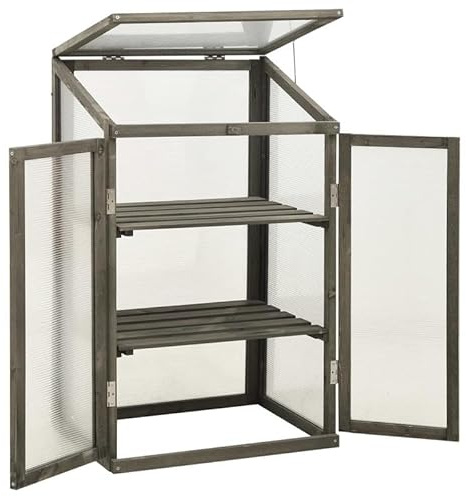 Serre en bois de sapin massif avec peinture à base d'eau grise, 60 x 45 x 100 cm, serre robuste pour jardin ou balcon, avec plaque en polycarbonate, idéale pour la culture des plantes et la culture de