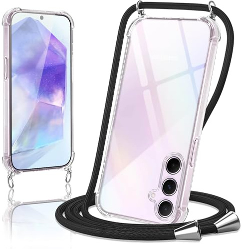 Micnkifo Coque pour Samsung Galaxy A55 avec Cordon, Housse Transparent Silicone Anti-Jaunissement Collier Réglable Case, Téléphone Étui Antichoc Portable Lanière Cover pour Samsung A55 - Noir