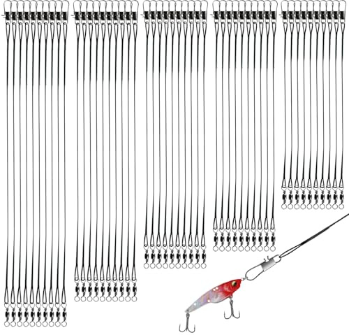 CATELL 100 Stück Stahlvorfach Hecht, Stahlvorfächer mit Wirbel & Karabiner 5 Größen Edelstahl Vorfach Angeln 10/15/20/25/30cm Spinnvorfach Vorfach Angelvorfächer für Süßwasser Salzwasser (Schwarz)
