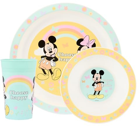 Disney Mickey & Friends 3-teiliges Geschirrset aus Polypropylen – Teller, Schüssel und Becher mit Mickey Mouse und Minnie Maus – Mikrowellen- und spülmaschinengeeignet – geeignet für Kinder ab 36