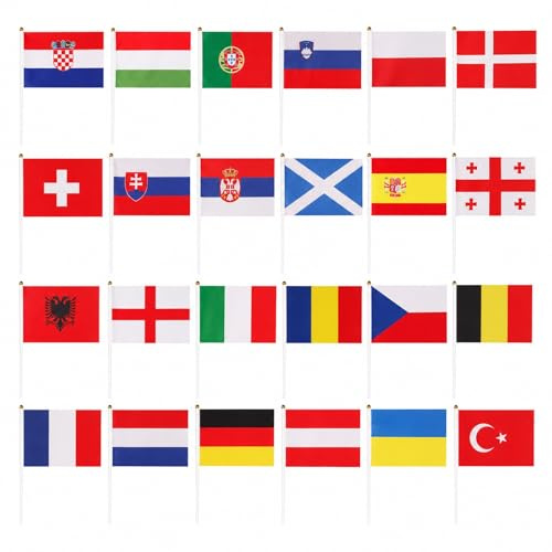 24 Länder Euro Flaggen Klein Set für Deko WM 2026, Mini Länderflaggen Europa 14x21 cm mit 30cm Stab, Handflaggen WM 2026 Deko, für Eurovision EM Olympia EM Haus Bar, Party & Stadion