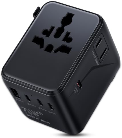 Universal Travel Adapter,70W GaN Travel Plug Adapter Worldwide with 2 AC Outlet & 5 USB Ports (4 USB C),All in One International Adaptor Wall Charger UK to EU USA Australia(Type A C G I)