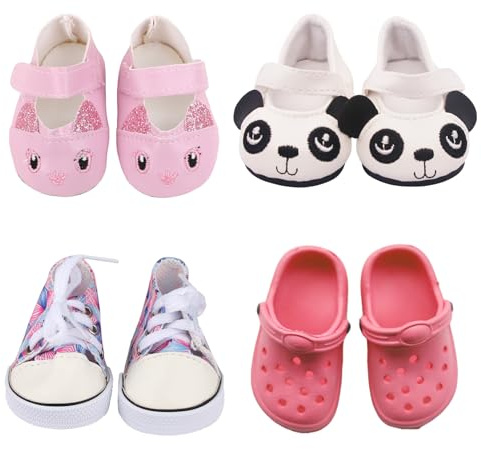 Puppenzubehör Set, 4 Paar Puppenschuhe für 35-45cm Puppen, mit Pailletten Hasen-Schuhe, Panda-, Canvas-Schuhe, Sandalen, Bunte Puppen Schuhe passend zu Puppenkleidung, Geschenk für Mädchen