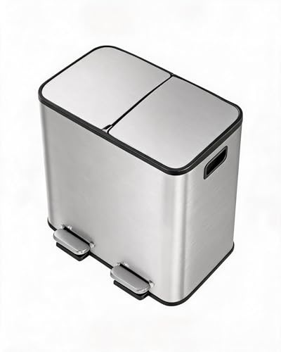 GarveeMore Poubelle Cuisine 2 x 15 l, Poubelle Double Compartiment Avec Pédale, Tri Sélectif, Seaux Intérieurs Amovibles, Fermeture Silencieuse, En Acier Inoxydable, Rectangulaire Pour Cuisine