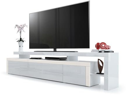 Vladon TV Board Lowboard Leon V3, Made in Germany, Korpus und Überbau in Weiß Hochglanz/Front in Weiß Hochglanz mit Rahmen in Creme Hochglanz (227 x 52 x 35 cm)