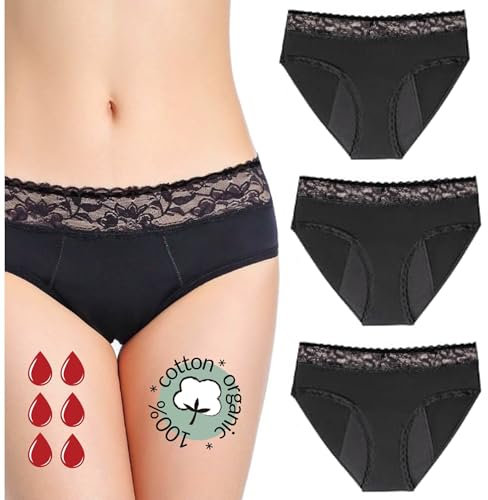 Perioden Unterwäsche = 2-3 Tampons - Waschbar - Baumwolle - Ökologisch - Menstruation - Unterwäsche für die Periode - Periodenslips - Absorbierend - Mädchen Damen - XXS / 4XL (Spitzenborte-Pack, M)