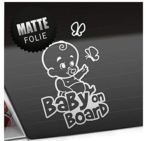Kiwistar - Babyaufkleber - Mattweiß - Baby Schmetterlinge Sticker - Baby on Board 15cm - für Auto, Motorrad, Tuning - Aufkleber selbst gestalten - selbstklebend wetterfest