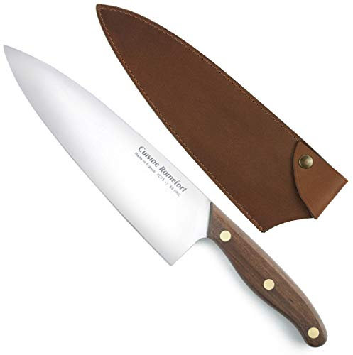 Cuisine Romefort | Scharfes Carbonstahl XC75 Chefmesser 22cm | Kochmesser mit Holzgriff | Küchenmesser mit 58 Rockwell gehärtet (Carbonstahl XC75 mit Lederetui)