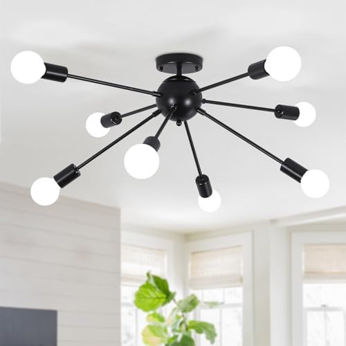 ASHUAQI Kronleuchter Schwarz Deckenlampe Vintage, 8 Flammige Modern Wohnzimmerlampe, E27 Fasssung Sputnik Kronleuchter Lampe für Küche, Schlafzimmer, Flur, Esszimmer, Eingang