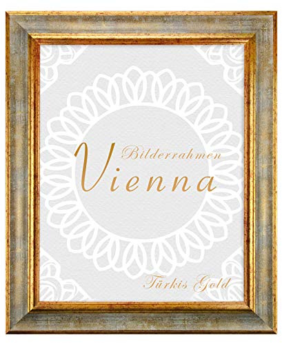 BIRAPA Bilderrahmen gold Vienna Rahmen 35x45 cm - Bilderrahmen vintage in Türkis Gold, Bilderrahmen Holz mit Zierleiste innen und außen, Fotorahmen, Holzrahmen