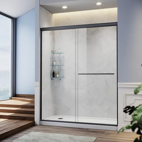 SUNNY SHOWER 58.5-60 in.W x 72 in.H Glass Shower Door, Semi Frameless Double Sliding Shower Door, 1/4 Clear Glass, Black Finish