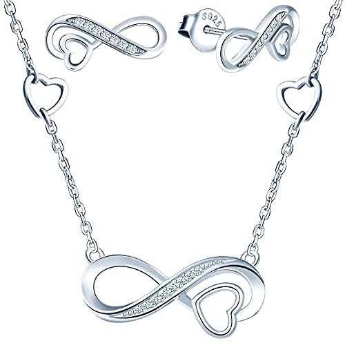 Yumilok Damen Halskette & Ohrstecker Unendlichkeit Herz Charm 925 Echt Silber Anhänger Damen Mädchen Damen Ohrringe Geschenkidee für Frauen Mädchen