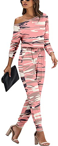 YUNDAI Womens Jumpsuits One Piece Casual Off Shoulder Playsuit Long Sleeve Overalls Elastic Waist Stretchy Romper with Pockets Small,Camouflage Pink