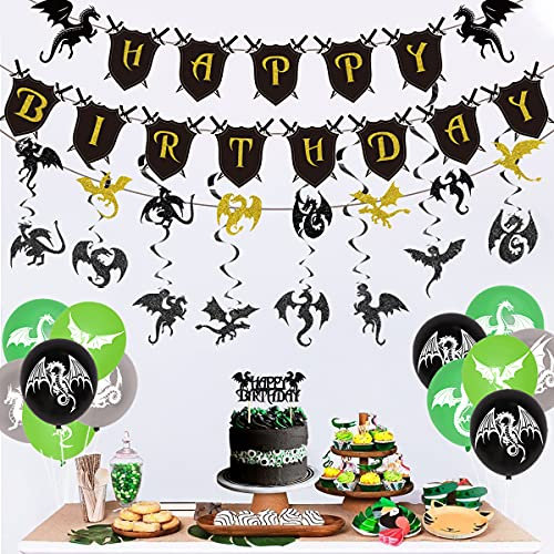 Drache-Geburtstags-Party-Dekorationen für Jungen, grüne und schwarze Drachen-Party-Dekorationen Kuchen-Dekoration, alles Gute zum Geburtstag Banner Dragon Hängen wirbelt zum Geburtstag