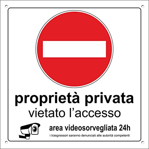 Pubblimania PROPRIETA' PRIVATA DIVIETO DI ACCESSO AREA VIDEOSORVEGLIATA | Cartello in Alluminio per esterno, metallo spessore 3 mm - Cm 29X29