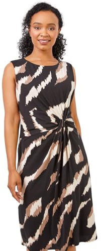Roman Petite Women Animal Print Twist Waist Tunic Dress - Ladies Spring Everyday Summer Evening Vacation Work Holiday Sleeveless Smart Casual - Petite Black White - Size 10