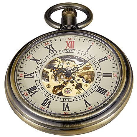 Bronze Herren Antik Mechanische Taschenuhr Skelett Mechanische Römische Ziffern Taschenuhr mit Kette + Box, MW106, Classic