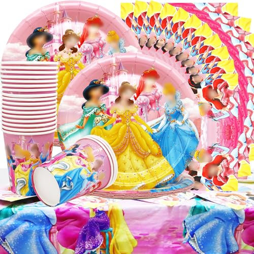 Princesse Fêtes Vaisselle Set,Princesse Thème Ensemble de Fournitures de Fête Comprendre 20 Assiette à Dessert,20 Tasses,20 Serviettes et 1 Nappes pour Princesse Vaisselle Thème Anniversaire (A4)